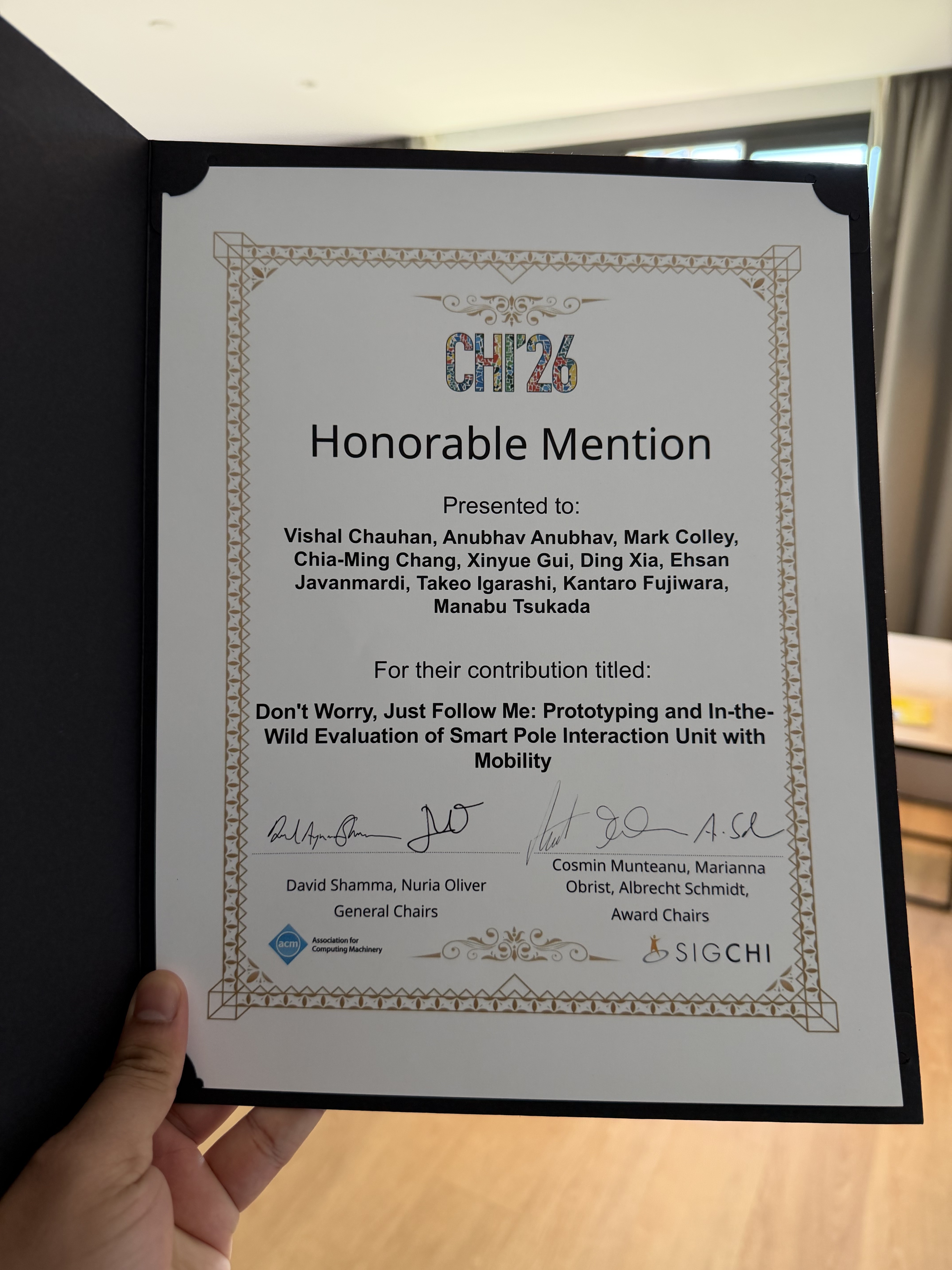 CHI 2026 Honourable Mention certificate — Don't Worry, Just Follow Me
